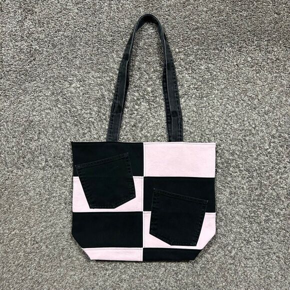 Handmade Bag Patchwork Denim Black Pink Vintage Recycled 12.5x6x15.5 - Picture 2 of 10